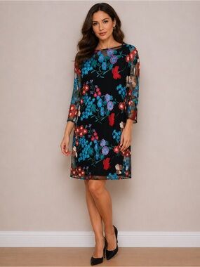Caroline Rose Trapeze Style Mesh Embroidered Floral Designer Dress Ladies Sz M